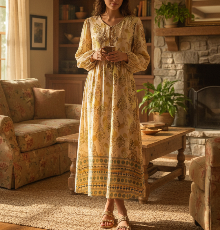 Women Loose Bohemian Flared Dress with Embroidered Tassel Print