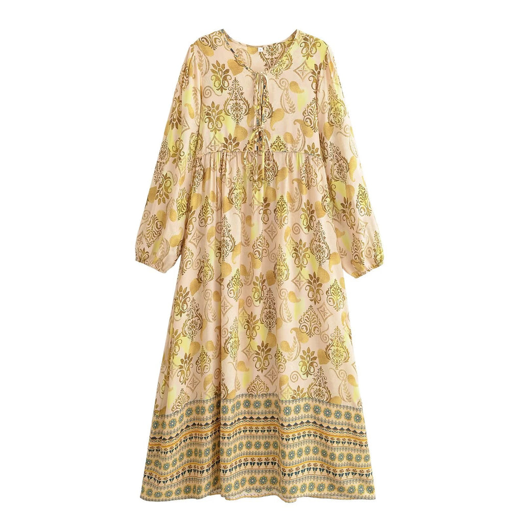 Women Loose Bohemian Flared Dress with Embroidered Tassel Print
