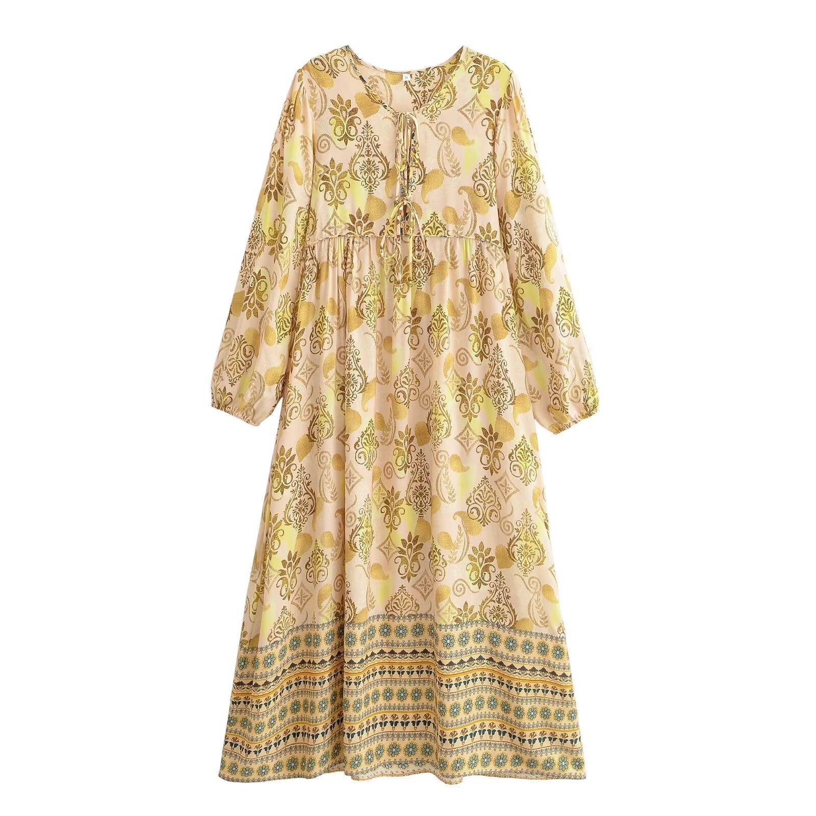 Women Loose Bohemian Flared Dress with Embroidered Tassel Print