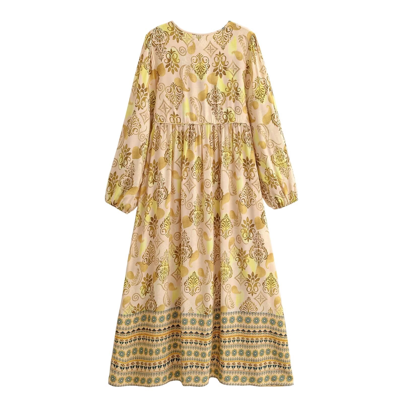 Women Loose Bohemian Flared Dress with Embroidered Tassel Print