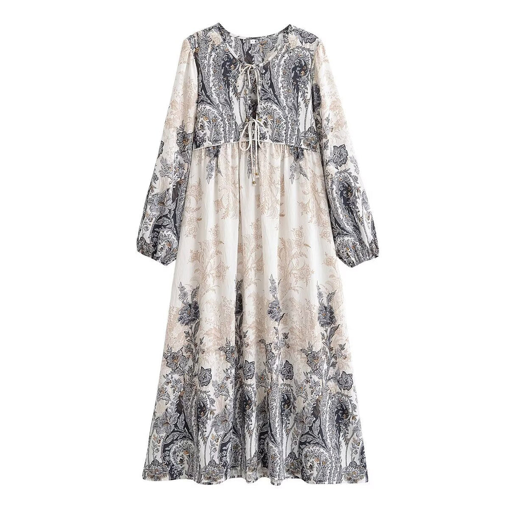 Women Loose Bohemian Flared Dress with Embroidered Tassel Print