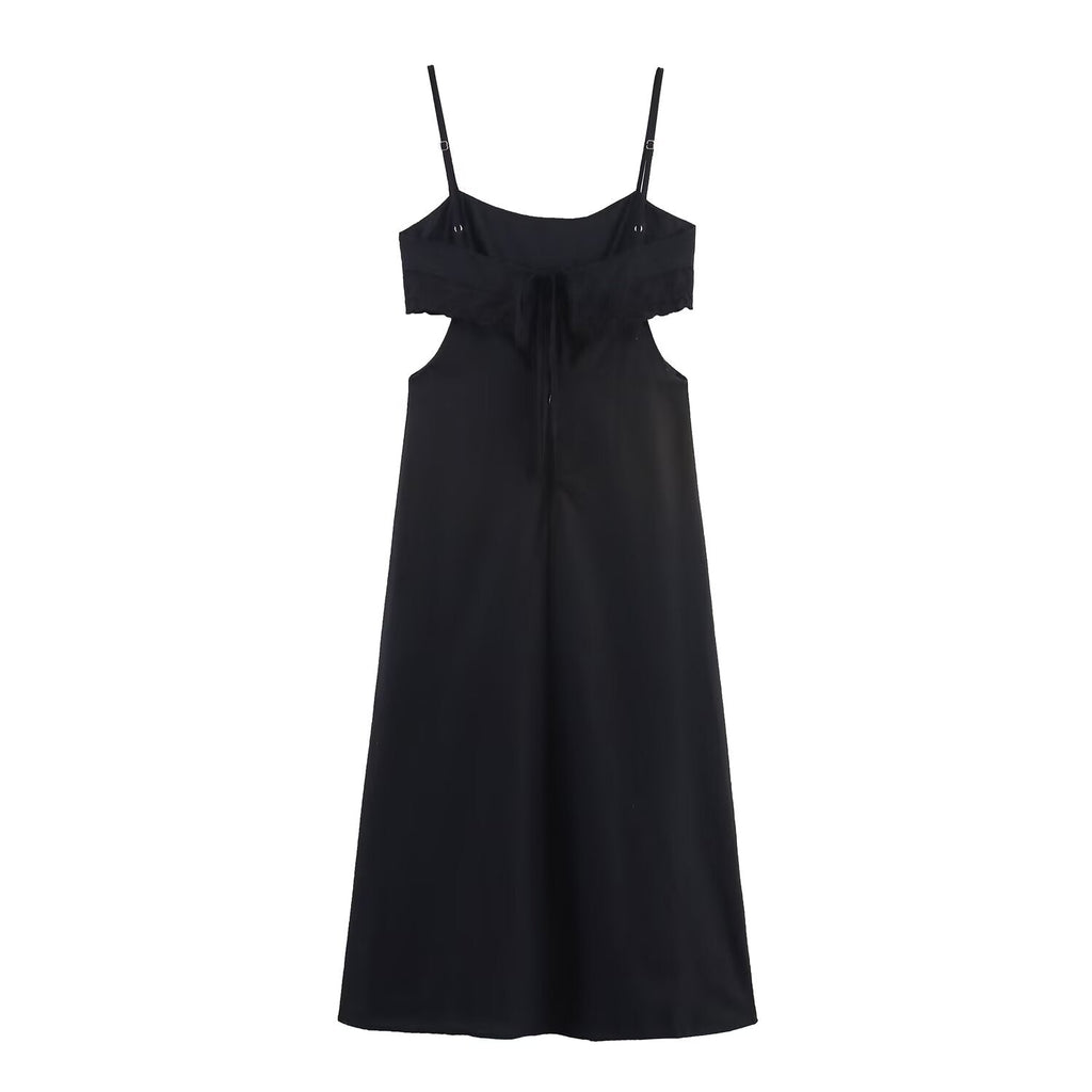Elegant Black Slim Fit Slimming Lace Stitching Side Waist Split Sling Dress