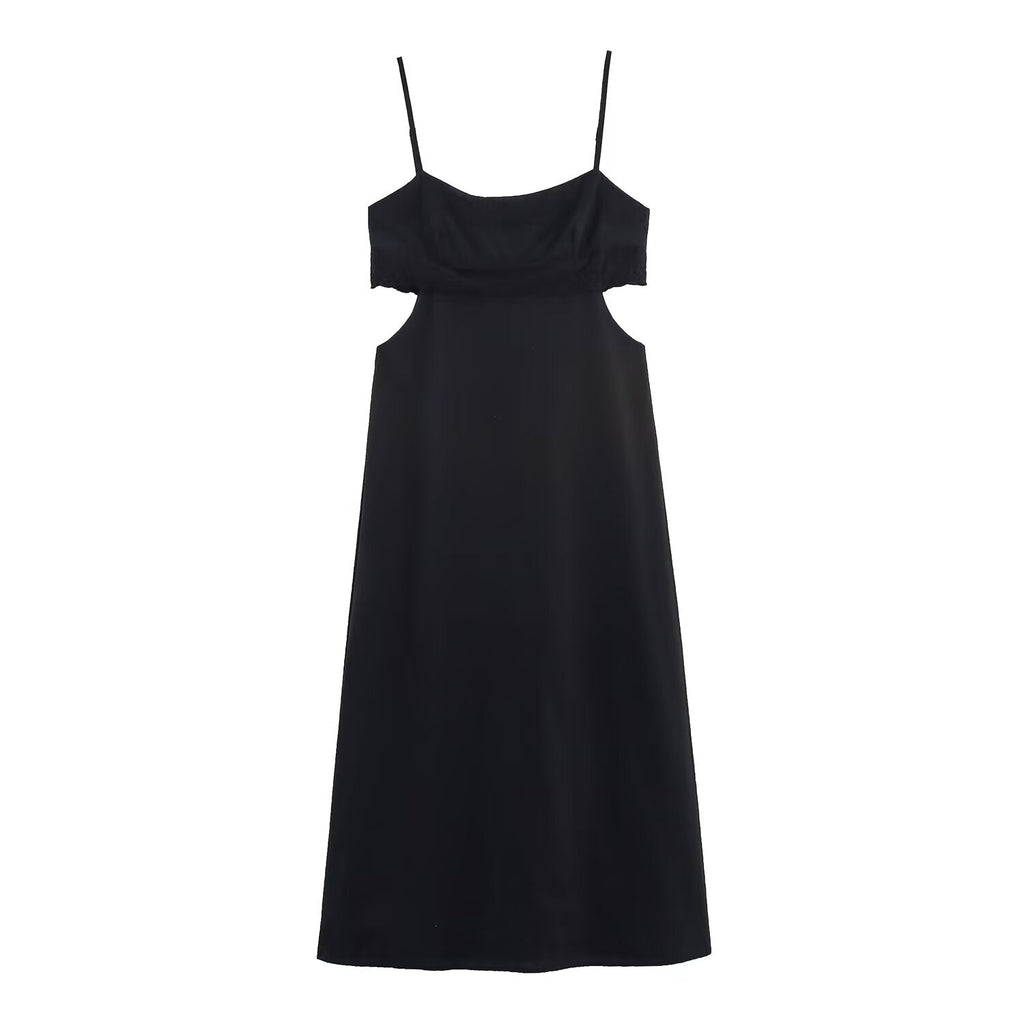 Elegant Black Slim Fit Slimming Lace Stitching Side Waist Split Sling Dress