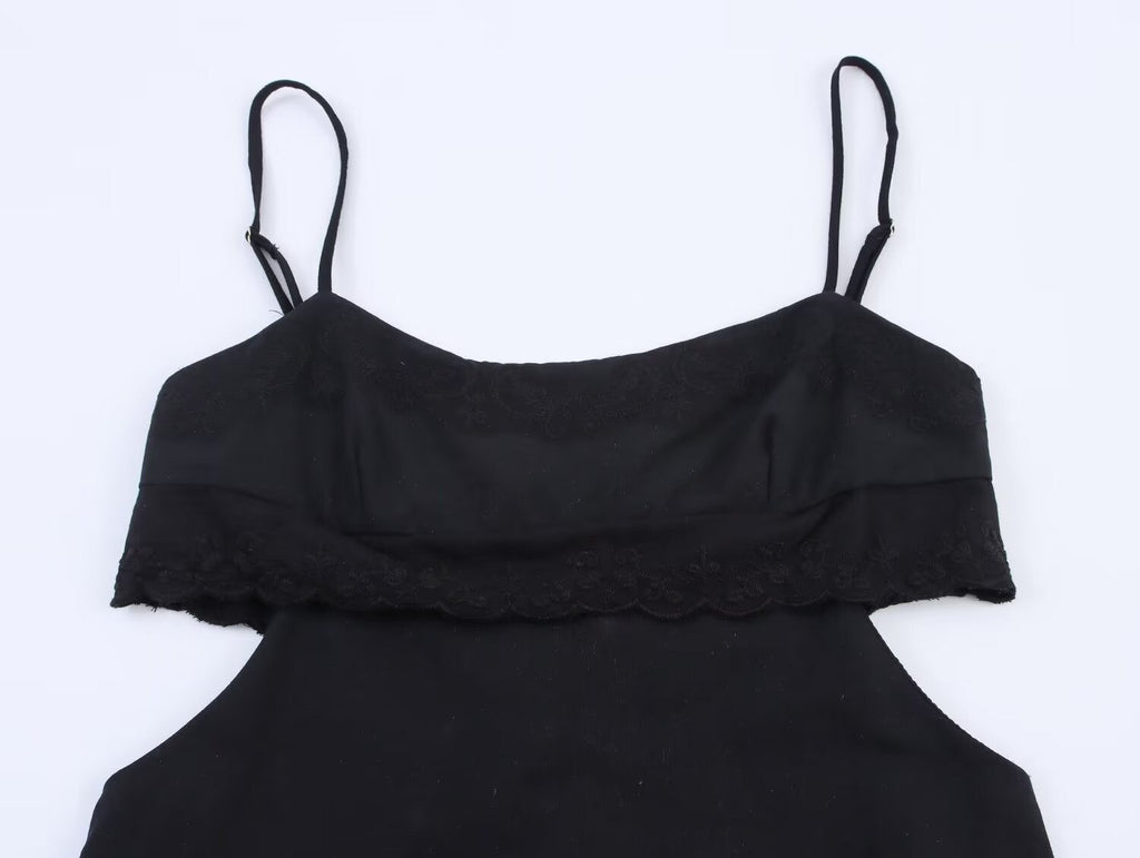 Elegant Black Slim Fit Slimming Lace Stitching Side Waist Split Sling Dress