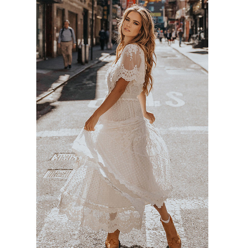 Summer Women Wear V neck Short Sleeve Lace Dress