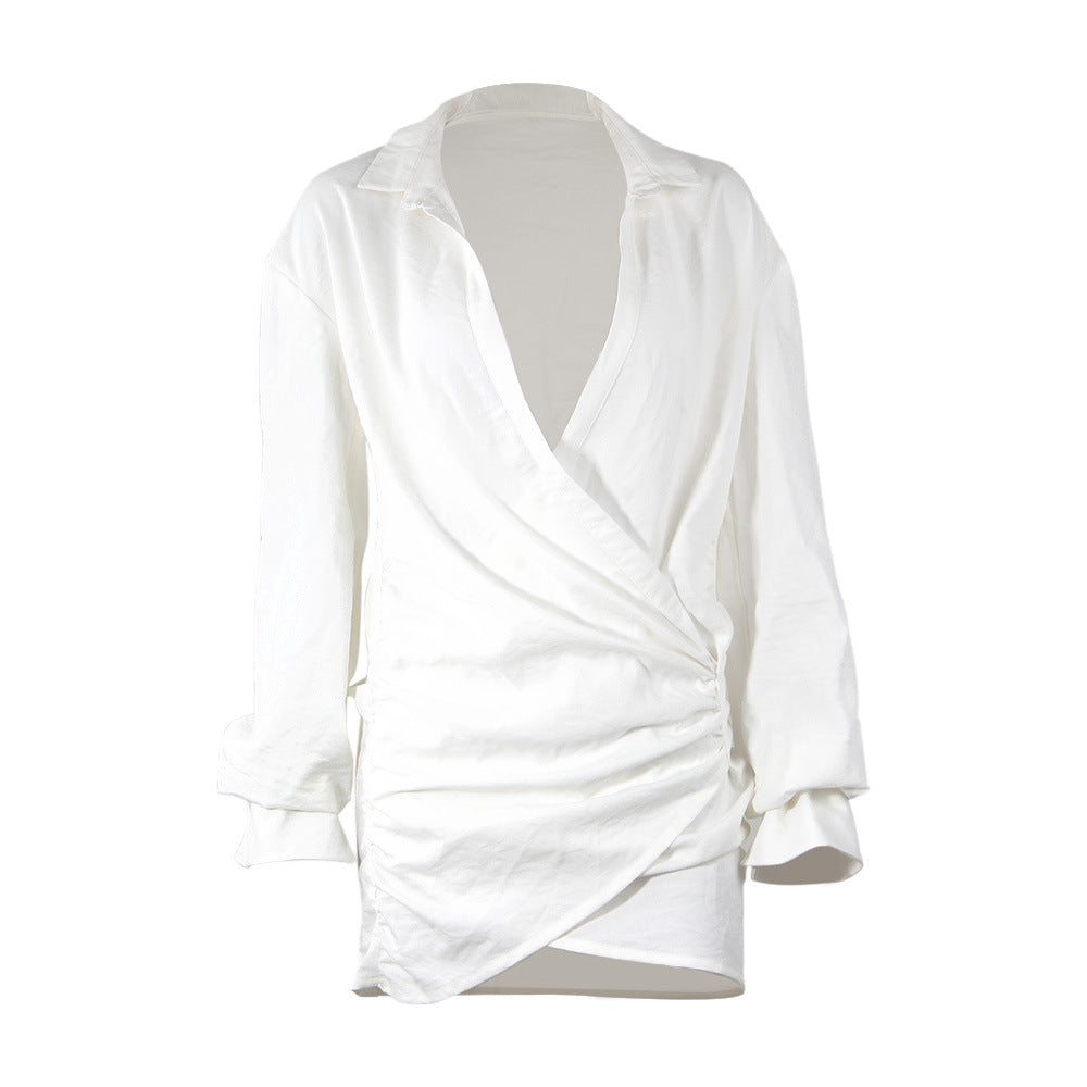 Long Sleeve White Shirt Sexy Deep V Plunge Plunge Women Clothing Popular Linen Dress