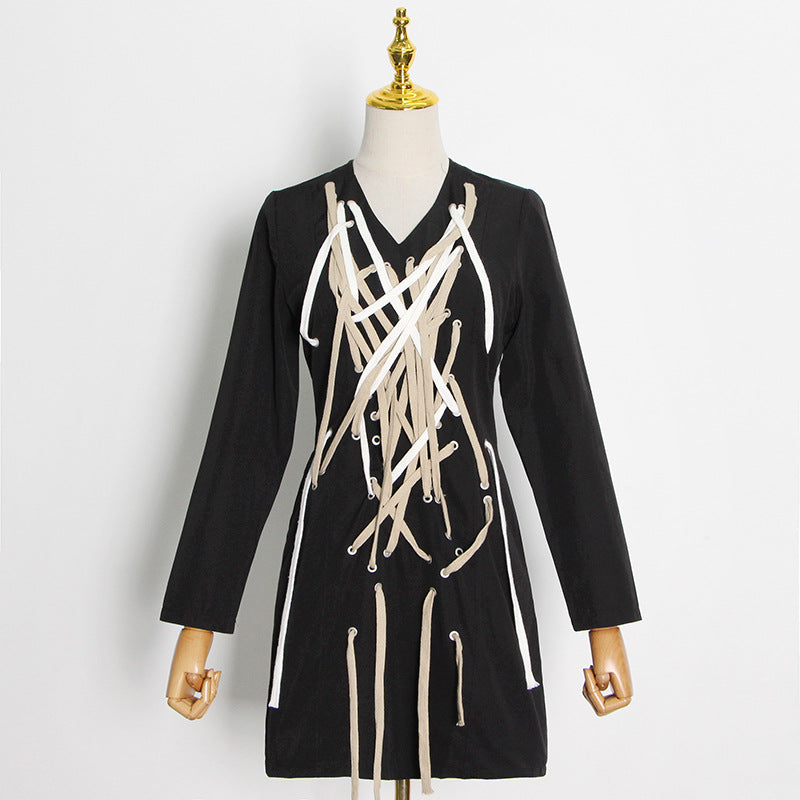 Fall Elegant Dark Sexy V neck Cross Drawstring Tied Long Sleeves Short Dress Women