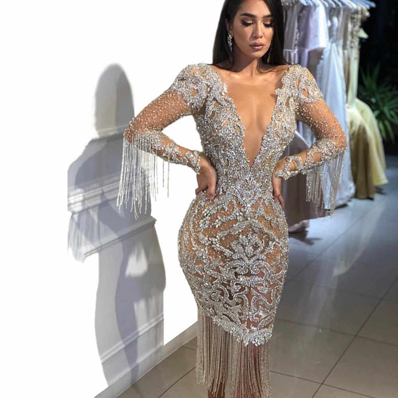 Women Clothing Deep V Plunge neck Hollow Out Cutout out Long Sleeve Gold Maxi Dress
