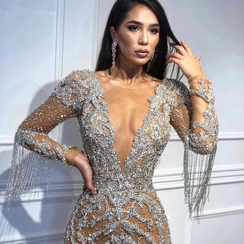 Women Clothing Deep V Plunge neck Hollow Out Cutout out Long Sleeve Gold Maxi Dress