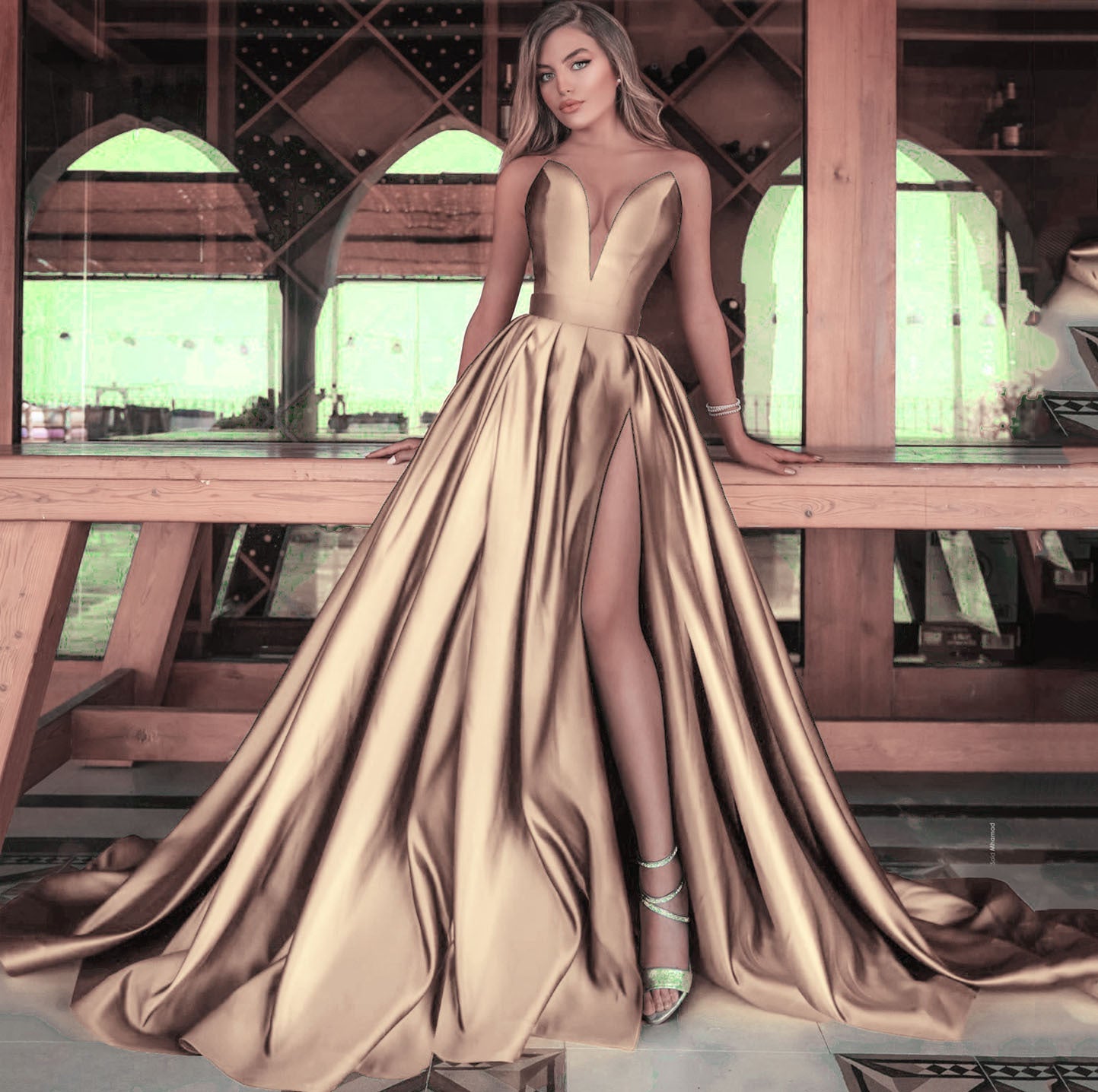Autumn Winter Women Clothing Sexy Deep V Plunge Plunge Split Maxi Dress Wedding Dress