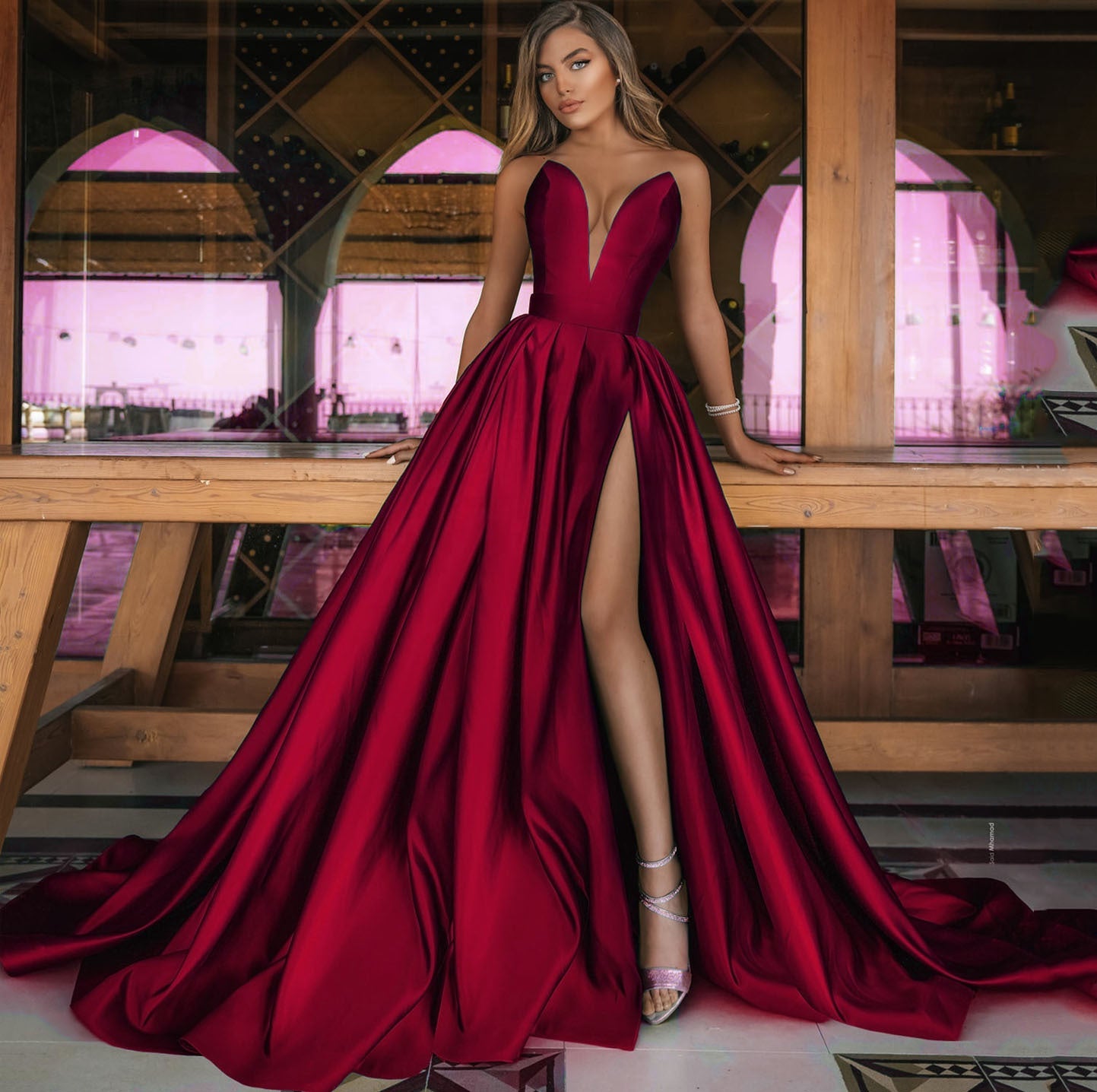 Autumn Winter Women Clothing Sexy Deep V Plunge Plunge Split Maxi Dress Wedding Dress