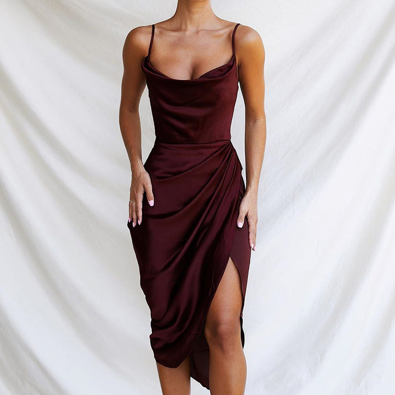 Fashion Sexy Split Satin Dress Slim Sexy Sleeveless Split