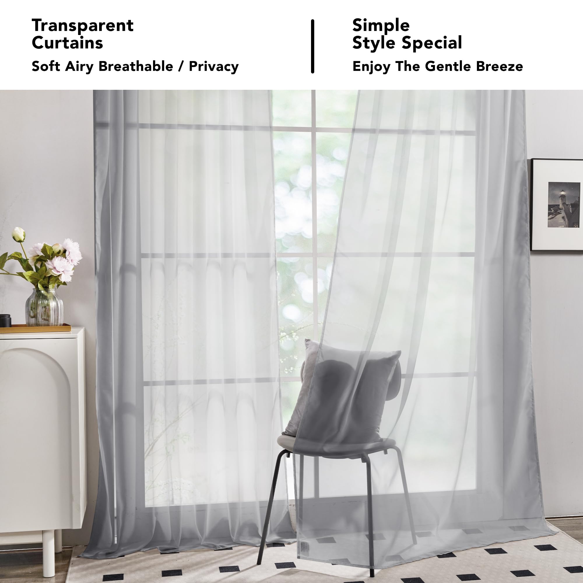 Semi-Transparent White Sheers, 52x63 Inch