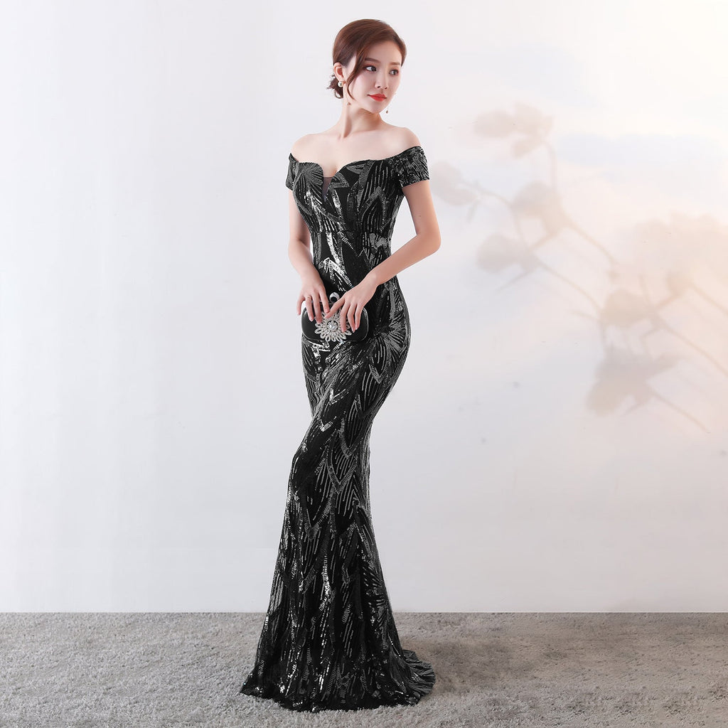 Off the Shoulder Gown Long Fish Tail Sequined Evening Dress Slim Fit Slimming Dress