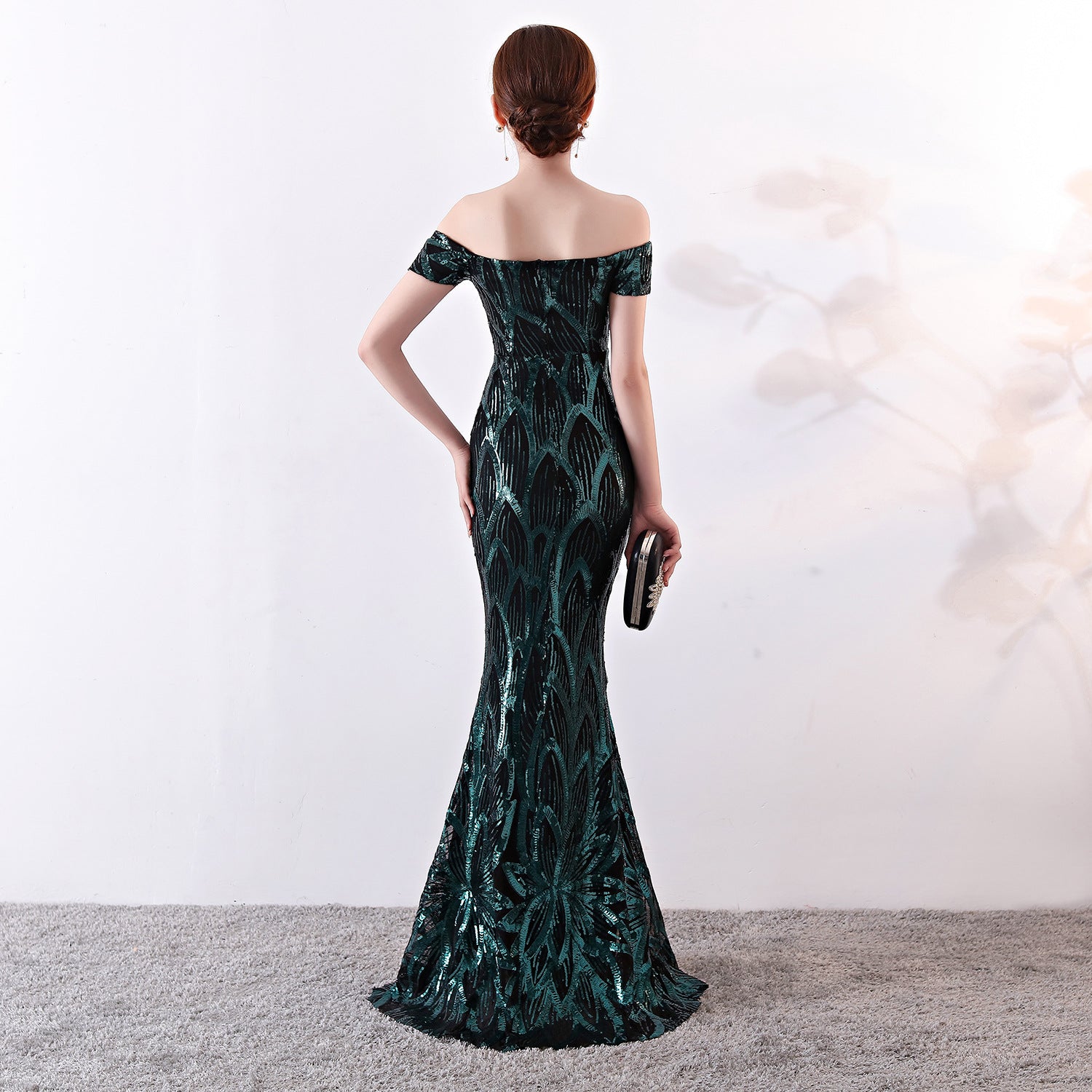 Off the Shoulder Gown Long Fish Tail Sequined Evening Dress Slim Fit Slimming Dress