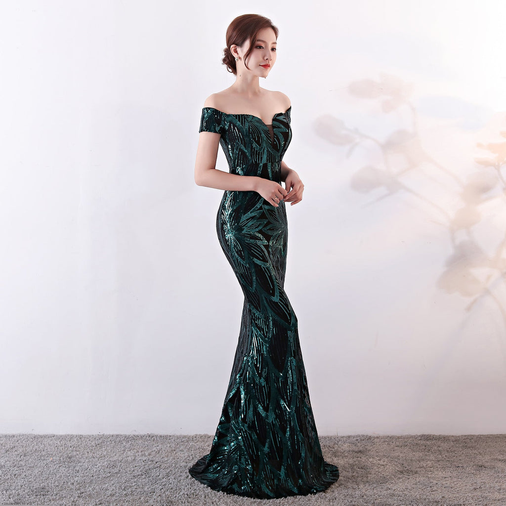 Off the Shoulder Gown Long Fish Tail Sequined Evening Dress Slim Fit Slimming Dress
