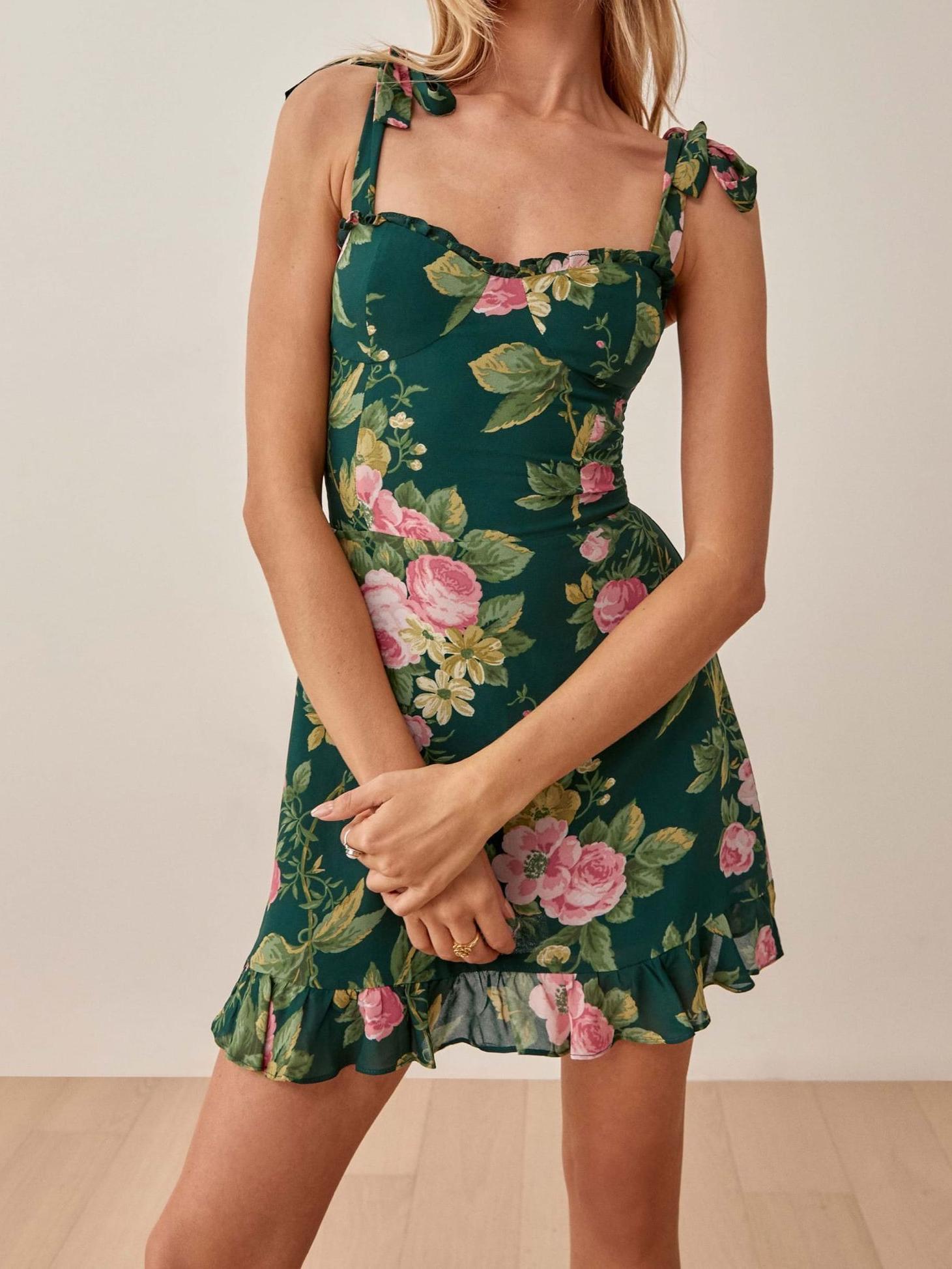 Summer French Vintage Little Fresh Floral Print Slim Fit Stringy Selvedge Lace up Dress Short Tie Strap