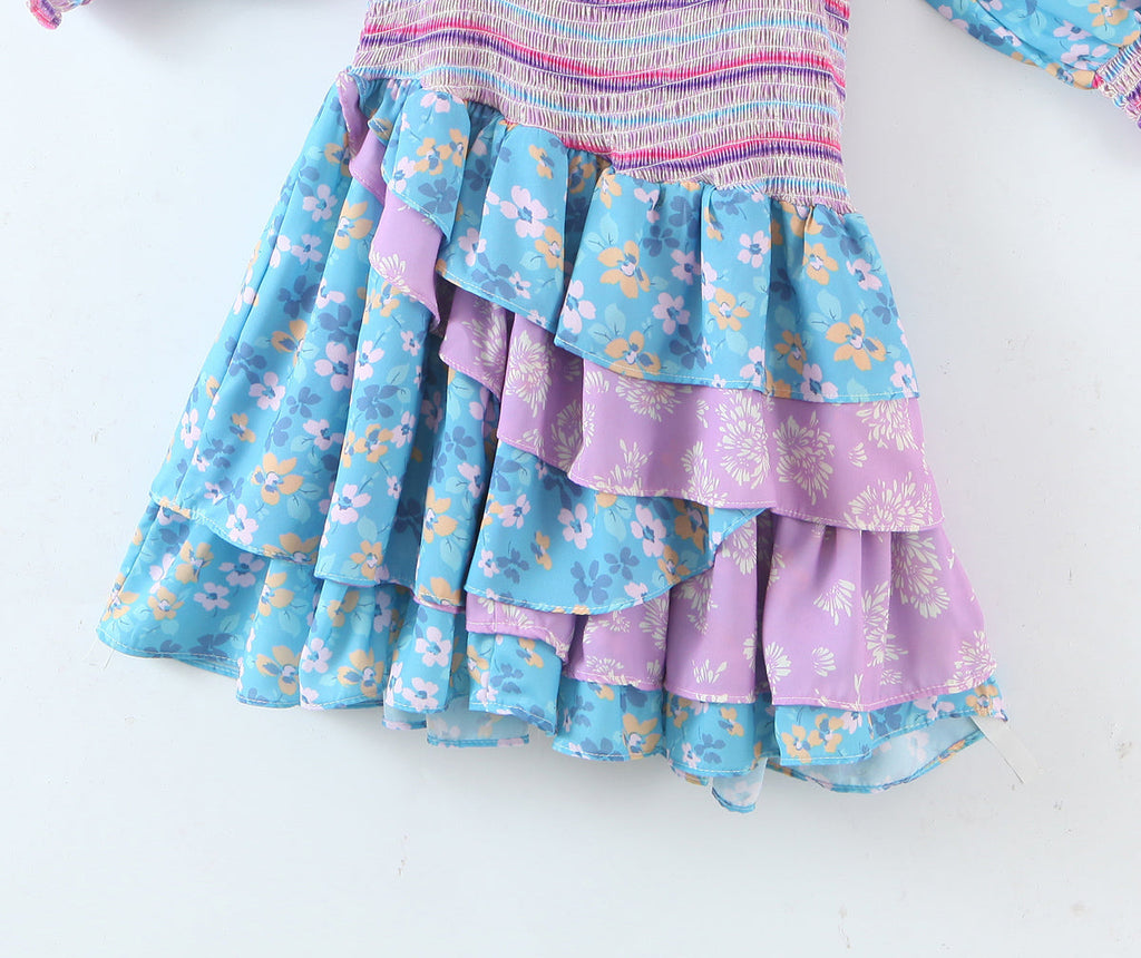 Early Spring Women Clothing Square Collar Ruffled Design Printed Dress for Women Smocked Patchwork Macthing
