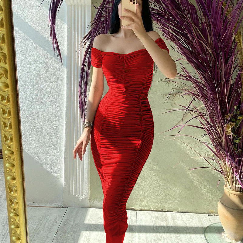 Solid Color Dress Elegant Summer Women Clothing off-Shoulder Pleated Dress