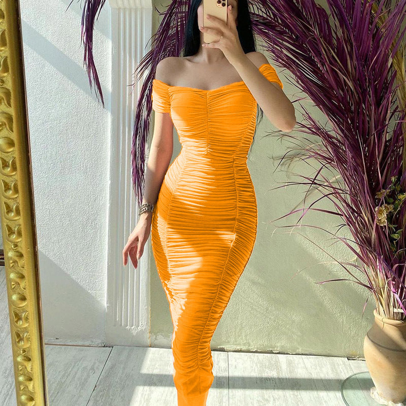 Solid Color Dress Elegant Summer Women Clothing off-Shoulder Pleated Dress