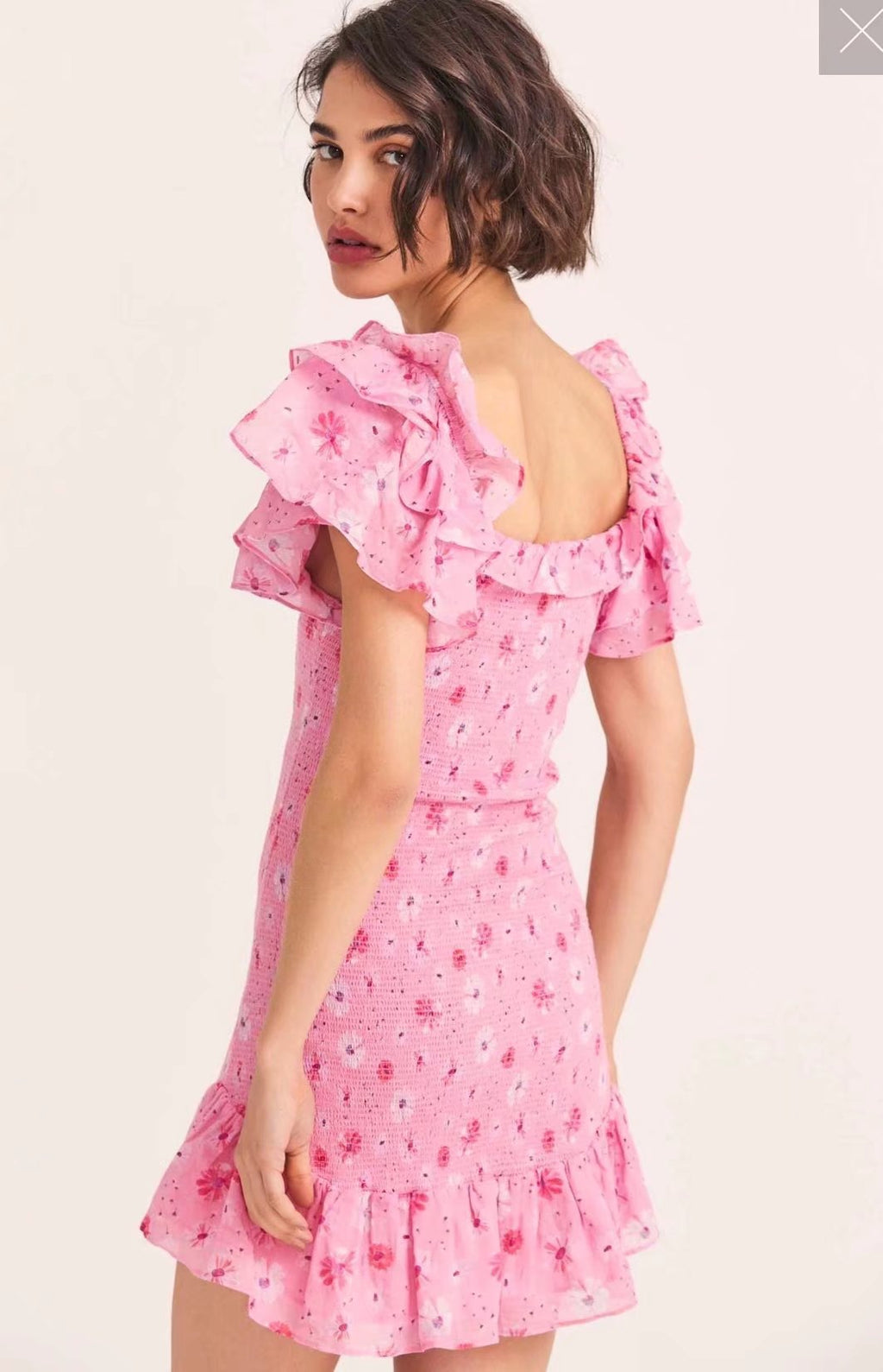 French Elastic Wrapped Chest Flying Sleeves Printed Dress Women Elastic Slimming Square-Cut Collar Hip