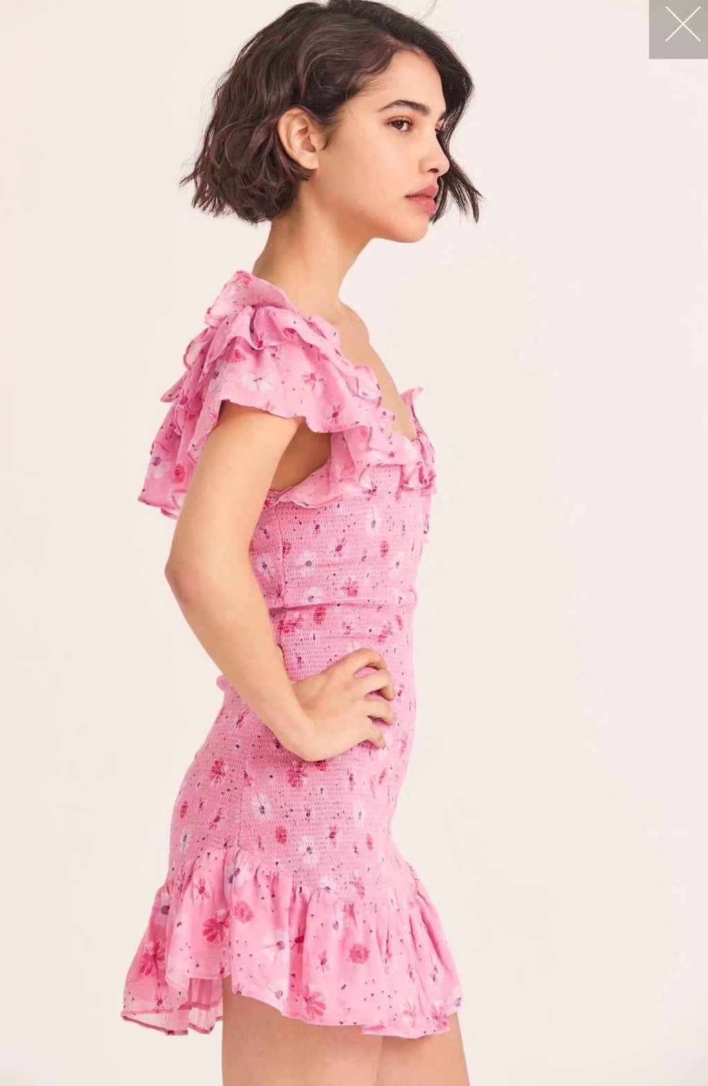 French Elastic Wrapped Chest Flying Sleeves Printed Dress Women Elastic Slimming Square-Cut Collar Hip