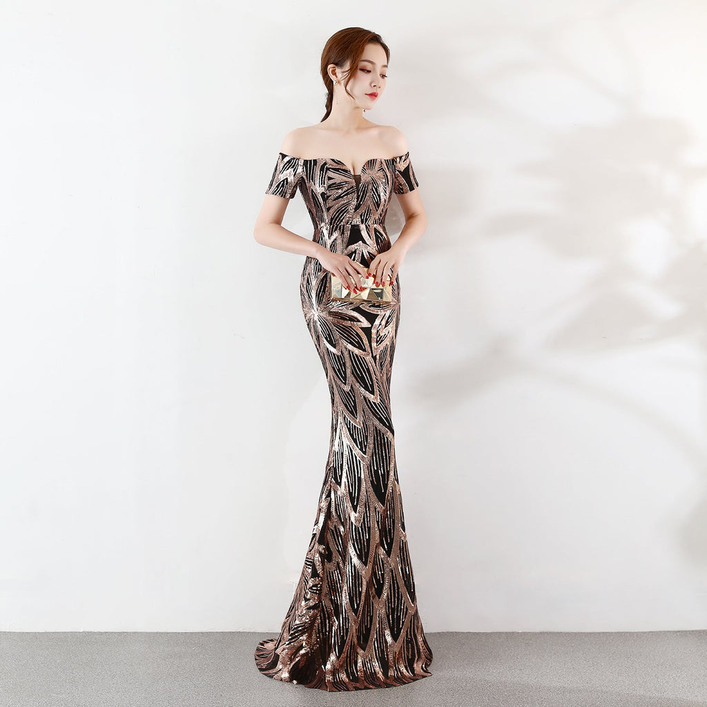 Off the Shoulder Gown Long Fish Tail Sequined Evening Dress Slim Fit Slimming Dress