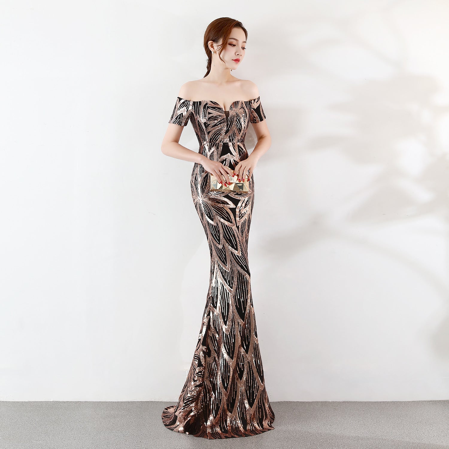 Off the Shoulder Gown Long Fish Tail Sequined Evening Dress Slim Fit Slimming Dress