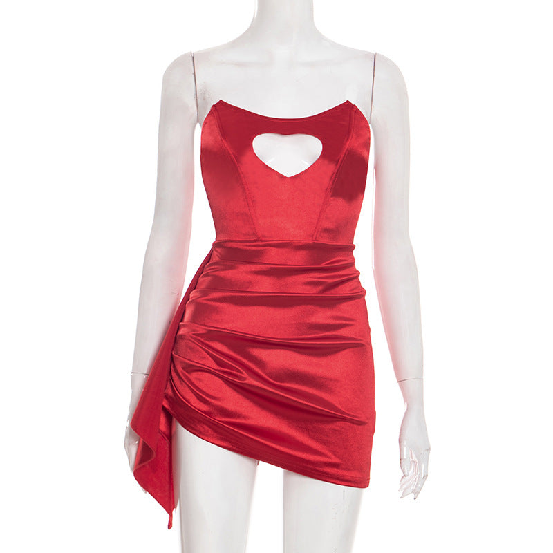 Women Clothing Spring Solid Color Valentine Day Love Rhinestone Tube Top Ribbon Pinch Pleated Dress