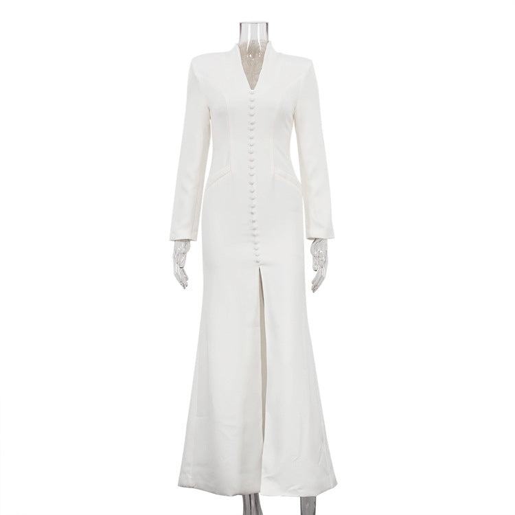 V neck Long Sleeve High Waist Split French Dress Women Party Long Dress