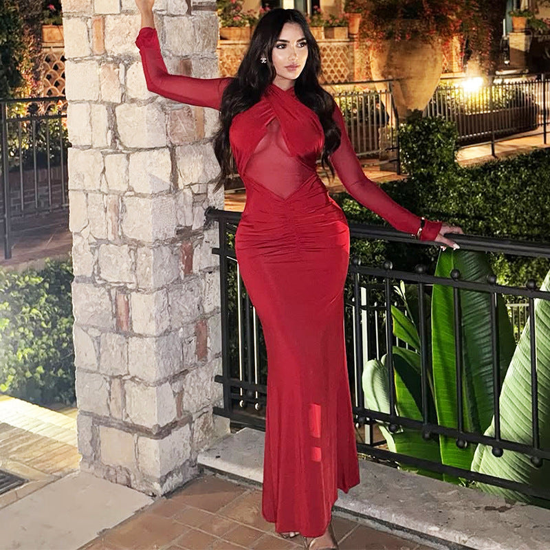 Women Clothing Winter Long Sleeve Solid Color Sexy Mesh Hollow Out Cutout Pleated Slim Dress