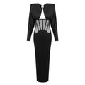 Women Clothing Black Shoulder Boning Corset Drill Buckle Dress round Neck Elegant Split Evening Sheath Dress