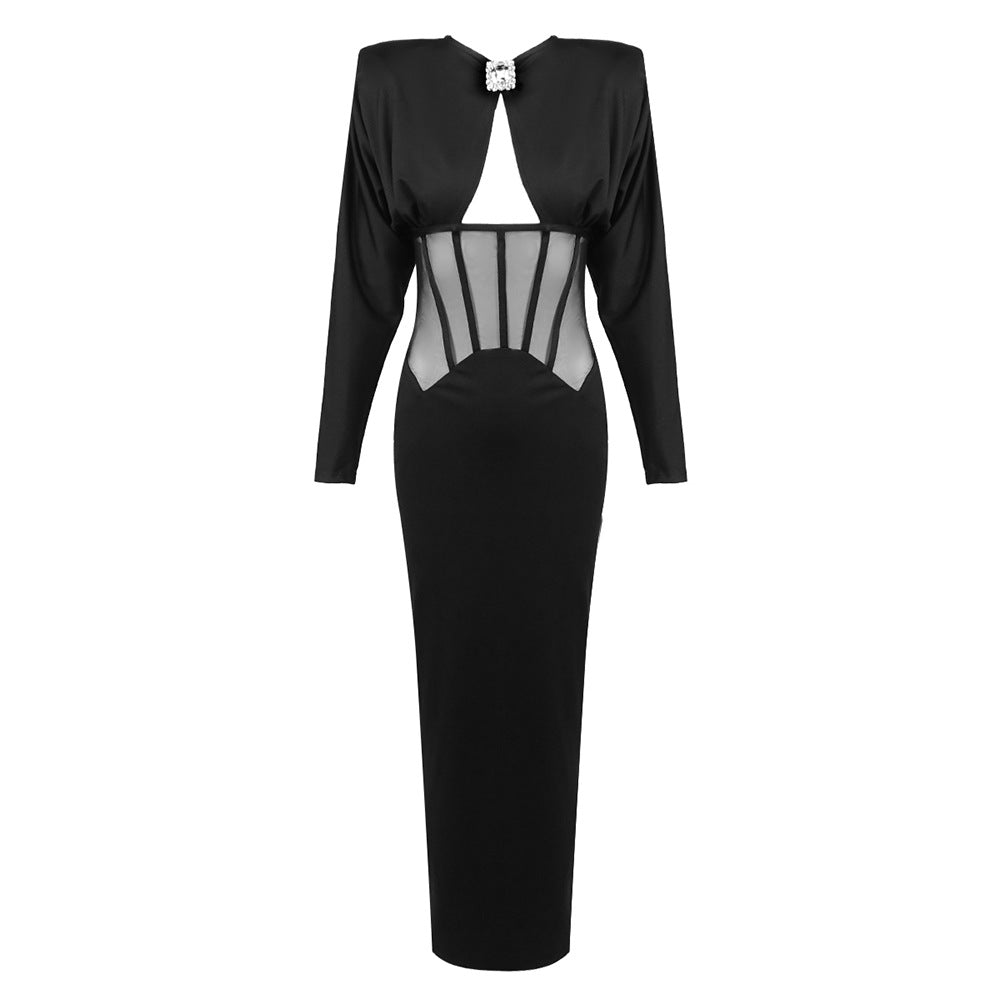 Women Clothing Black Shoulder Boning Corset Drill Buckle Dress round Neck Elegant Split Evening Sheath Dress