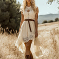 French Lace Hollow Out Cutout Sleeveless Dress Women Summer Vacation Irregular Asymmetric High Waist Dress without Belt