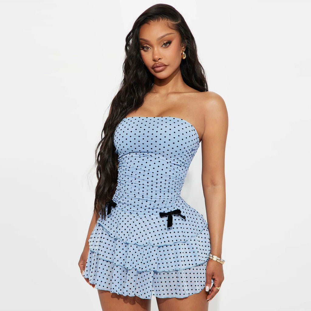 Summer Women Clothing Sexy Polka Dot Bandeau Slim Fit Ruffled Sheath Dress