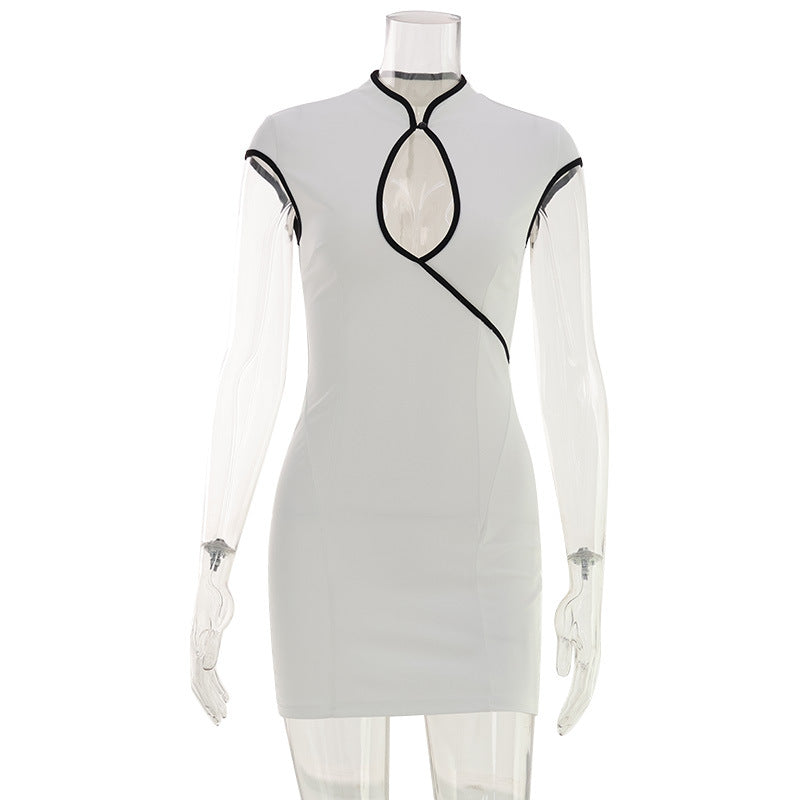Women Clothing Slim Sleeveless Contrast Color Trim Design Chest Hollow Out Cutout Sexy Mini Dress Short