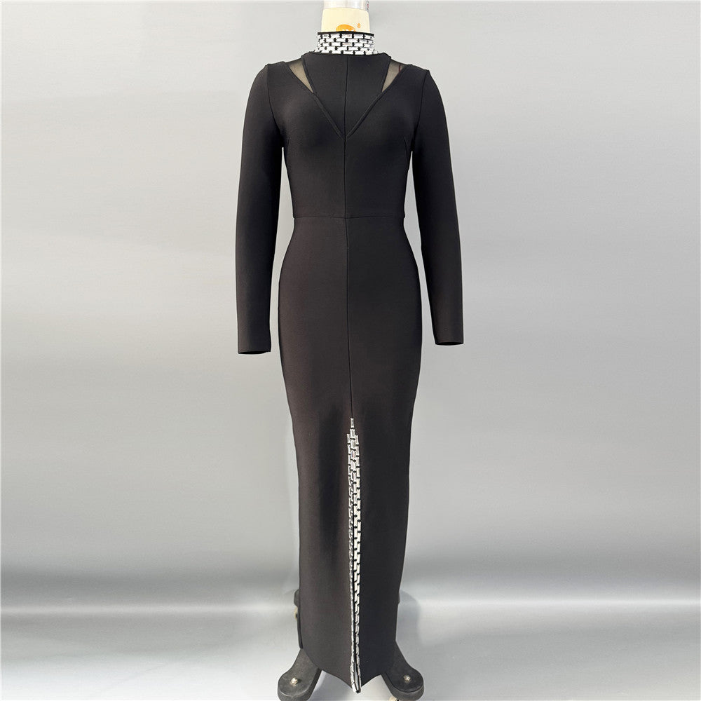 Bead Long Sleeve Bandage One Piece Dress Ladies Party Elegant Graceful Formal Dress