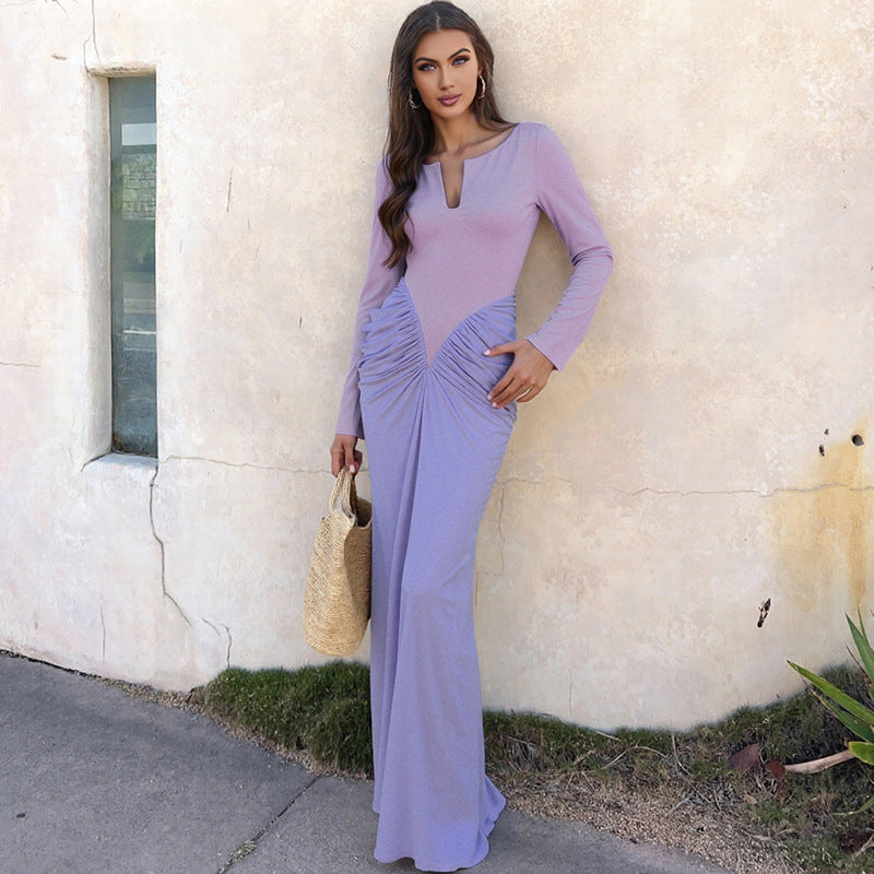 Autumn Winter Women Clothing Colorblock Slim Pleated Long Sleeve Elegant Dress
