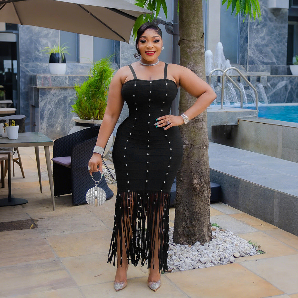 Sexy Sling Fringed Sheath Dress Women Bubble Beads