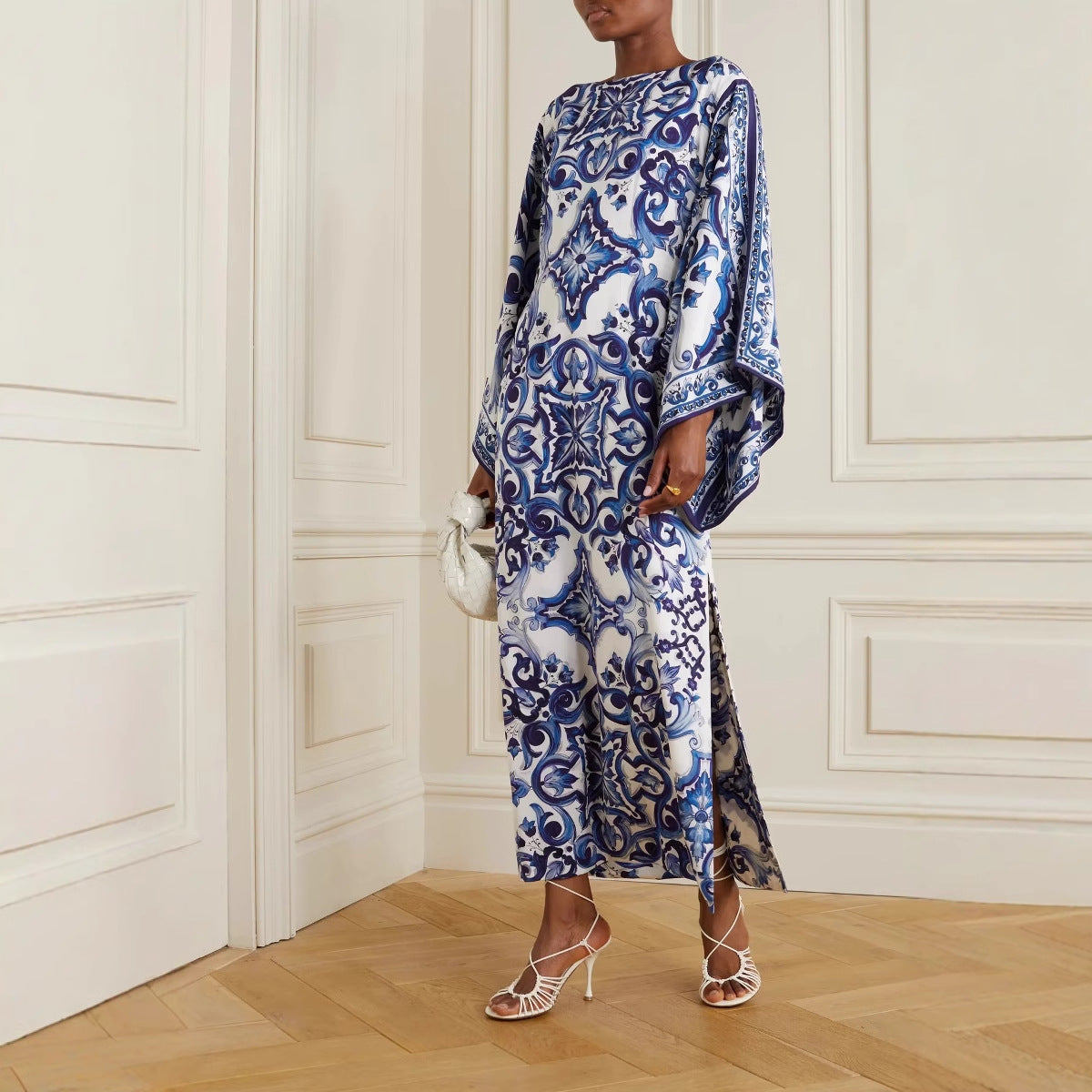Women Blue White Porcelain Printed off Neck Loose Dress