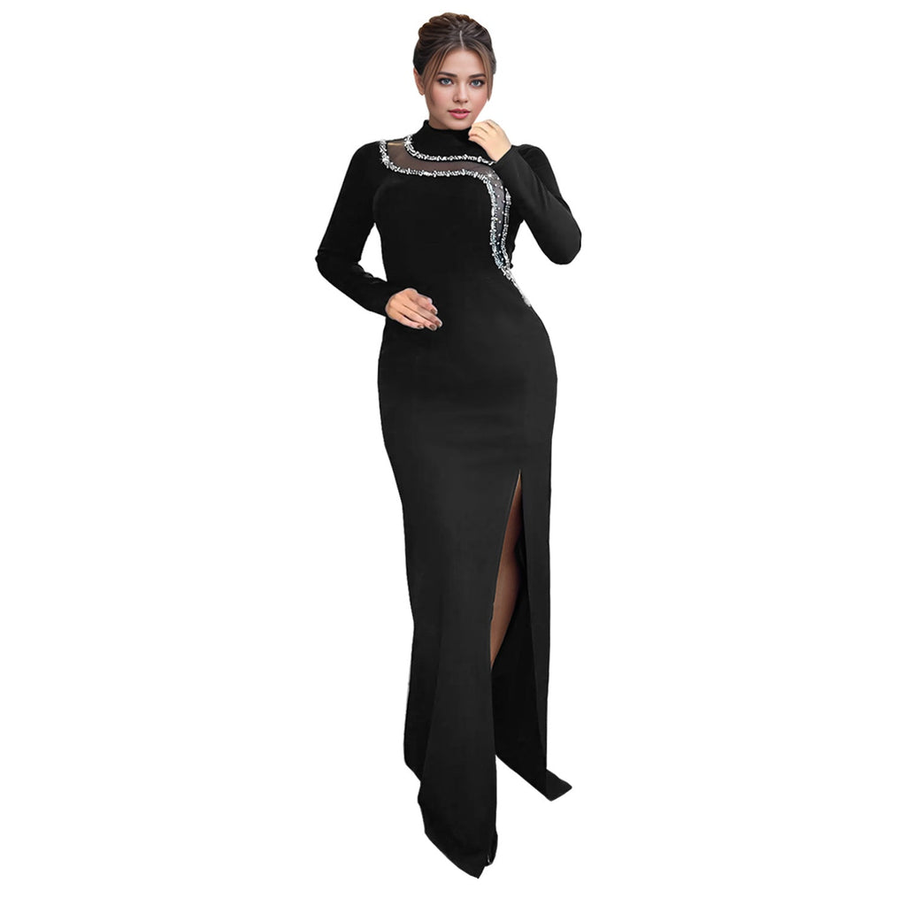 Women Wear Sexy Slim Fit Slit Drill Chain Long Sleeve Dress