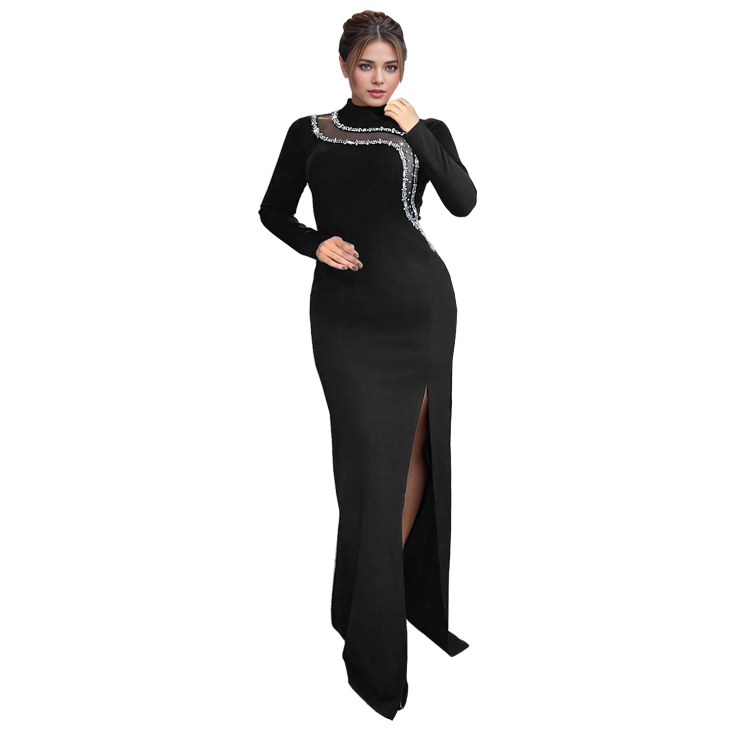 Women Wear Sexy Slim Fit Slit Drill Chain Long Sleeve Dress