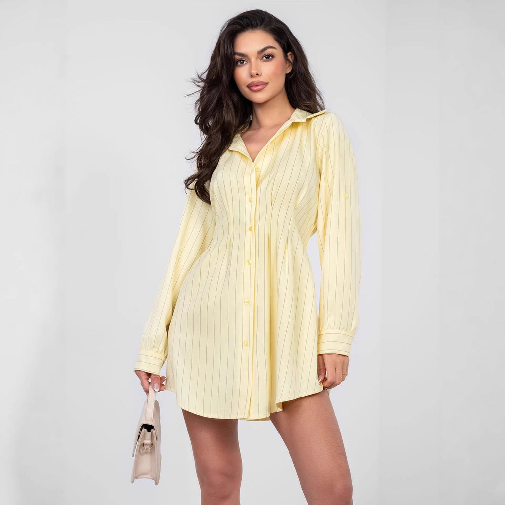 Button Long Sleeve Matching Pleated Skirt Striped Fitted Waist Turn down Collar Shirt Dress