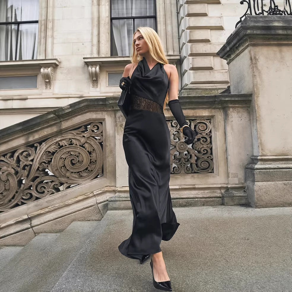 Wind Black Elegant Design Lace Patchwork Waist Slimming Halter Swing Collar Sleeveless Dress Women