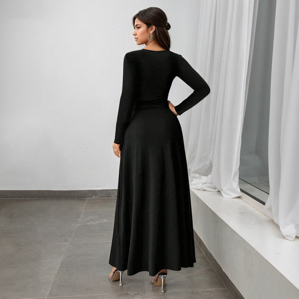 Retro Deep V Plunge neck Long Sleeve Split Black Large Swing Dress Women Slim Waist Elegant Formal Dress