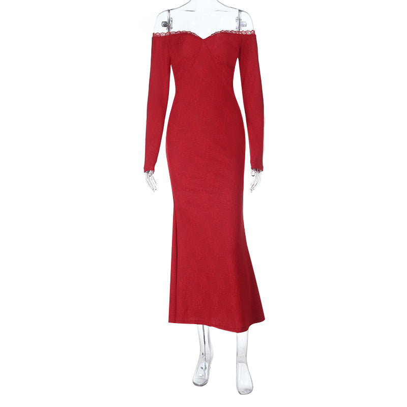 Lace off Shoulder Long Sleeve Dress Autumn Sexy Sheath Dress
