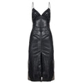 Women Clothing Sexy V neck Sleeveless Split Dress Sheath Tight Stretch Leather Dress