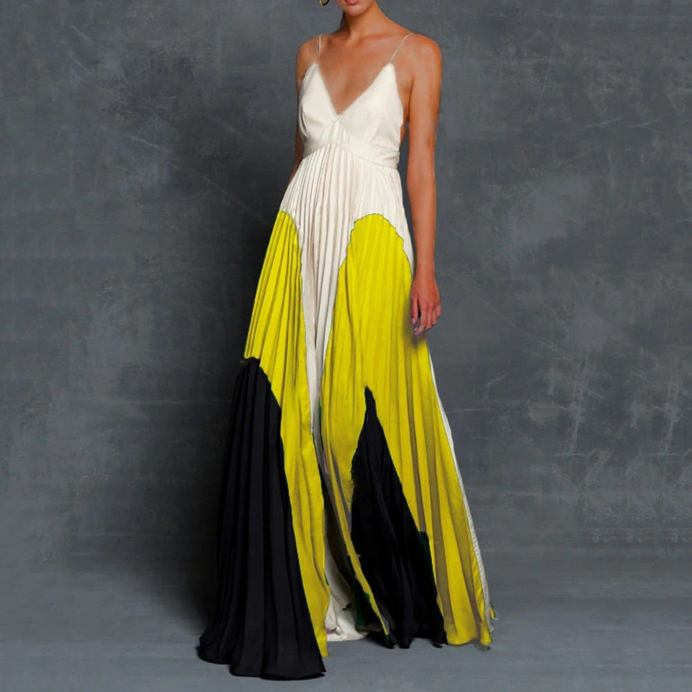Summer Women Clothing Dress Slim Fit Slimming Long Color Matching Pleated Cami Dress Long