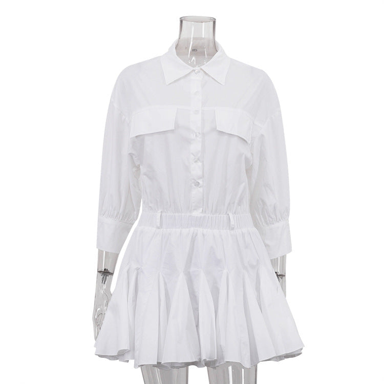 Women Clothing Casual Short A line Dress Cotton Collared 3/4 Sleeve French Shirt Dress