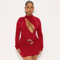 Women Clothing Autumn Winter Solid Color Slim Fit Elegant Hollow Out Cutout Pleated Long Sleeve Mini Short Dress